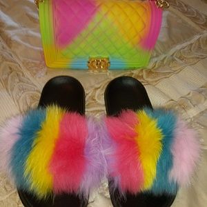 Fur slides and matching purse